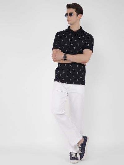 Navy Blue Printed Polo T-Shirt-Men T-Shirts-Crimsoune Club