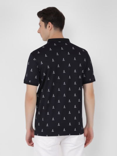Navy Blue Printed Polo T-Shirt-Men T-Shirts-Crimsoune Club