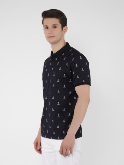 Navy Blue Printed Polo T-Shirt-Men T-Shirts-Crimsoune Club