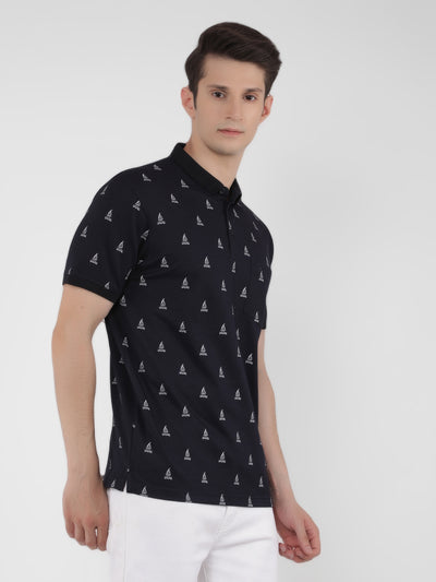 Navy Blue Printed Polo T-Shirt-Men T-Shirts-Crimsoune Club
