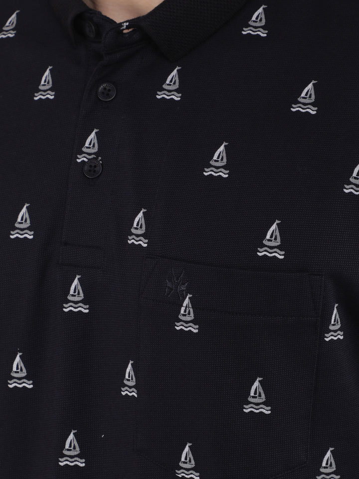 Navy Blue Printed Polo T-Shirt-Men T-Shirts-Crimsoune Club