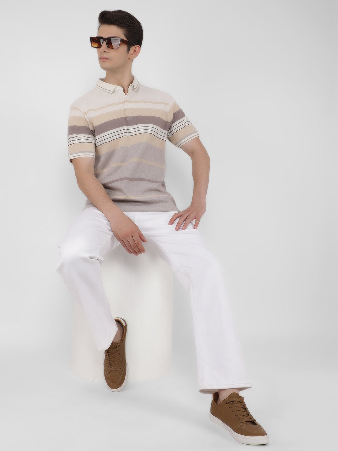 Cream Horizontal Striped Polo T-Shirt-Men T-Shirts-Crimsoune Club