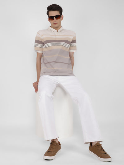 Cream Horizontal Striped Polo T-Shirt-Men T-Shirts-Crimsoune Club