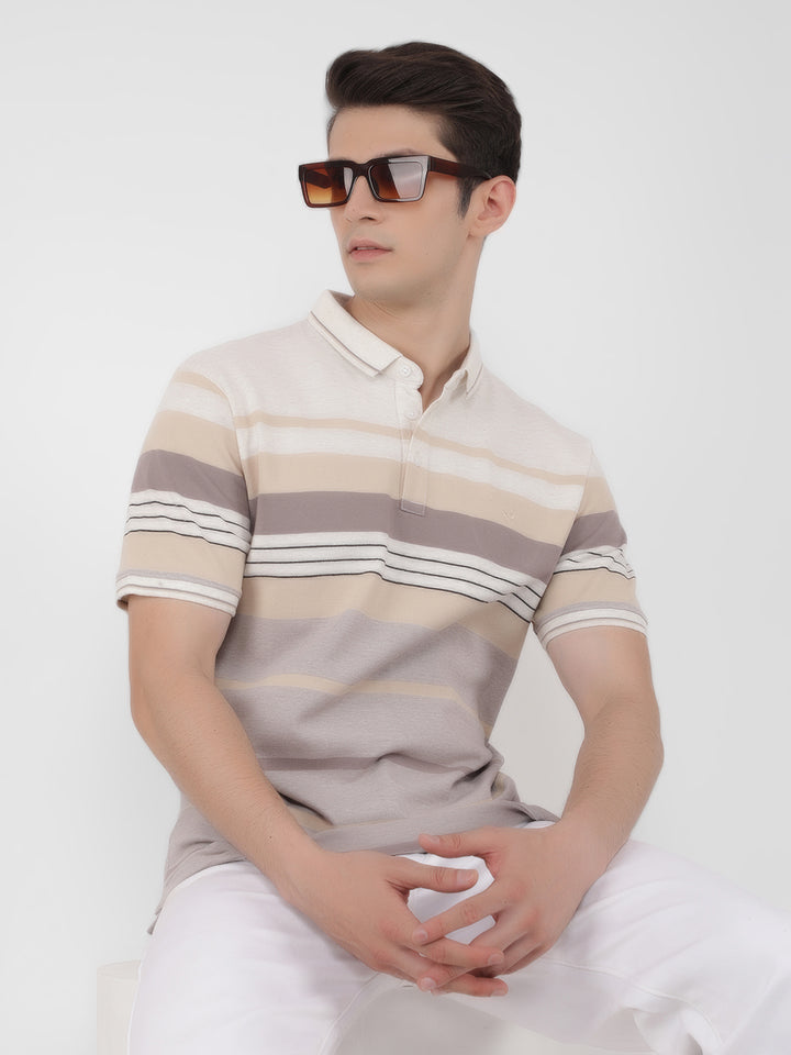 Cream Horizontal Striped Polo T-Shirt-Men T-Shirts-Crimsoune Club