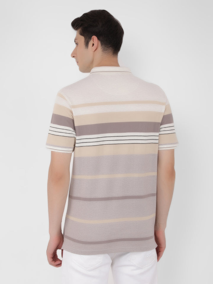 Cream Horizontal Striped Polo T-Shirt-Men T-Shirts-Crimsoune Club