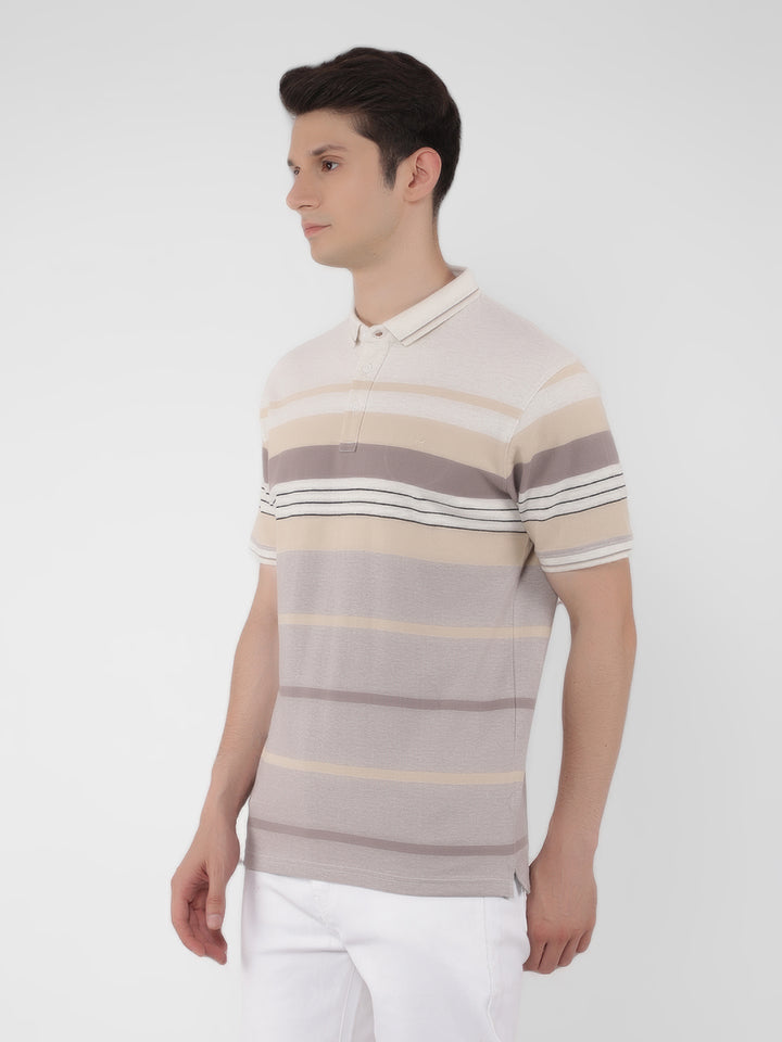 Cream Horizontal Striped Polo T-Shirt-Men T-Shirts-Crimsoune Club