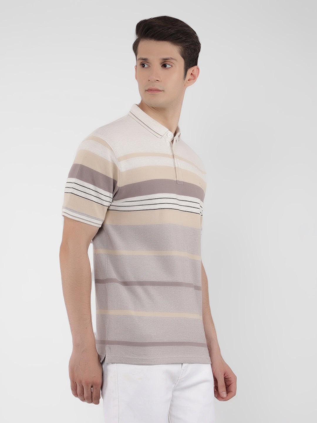 Cream Horizontal Striped Polo T-Shirt-Men T-Shirts-Crimsoune Club