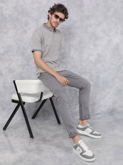 Grey Horizontal Stripes Polo Neck T-Shirt-Men T-Shirts-Crimsoune Club