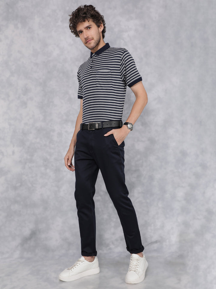 Navy Blue Horizontal Stripes Polo Neck T-Shirt-Men T-Shirts-Crimsoune Club