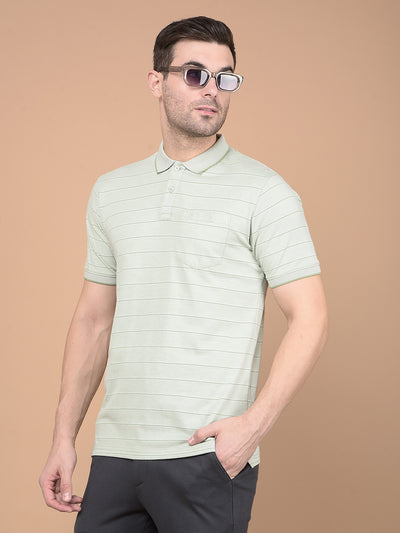 Green Horizontal Striped Polo Neck T-Shirt-Men T-Shirts-Crimsoune Club