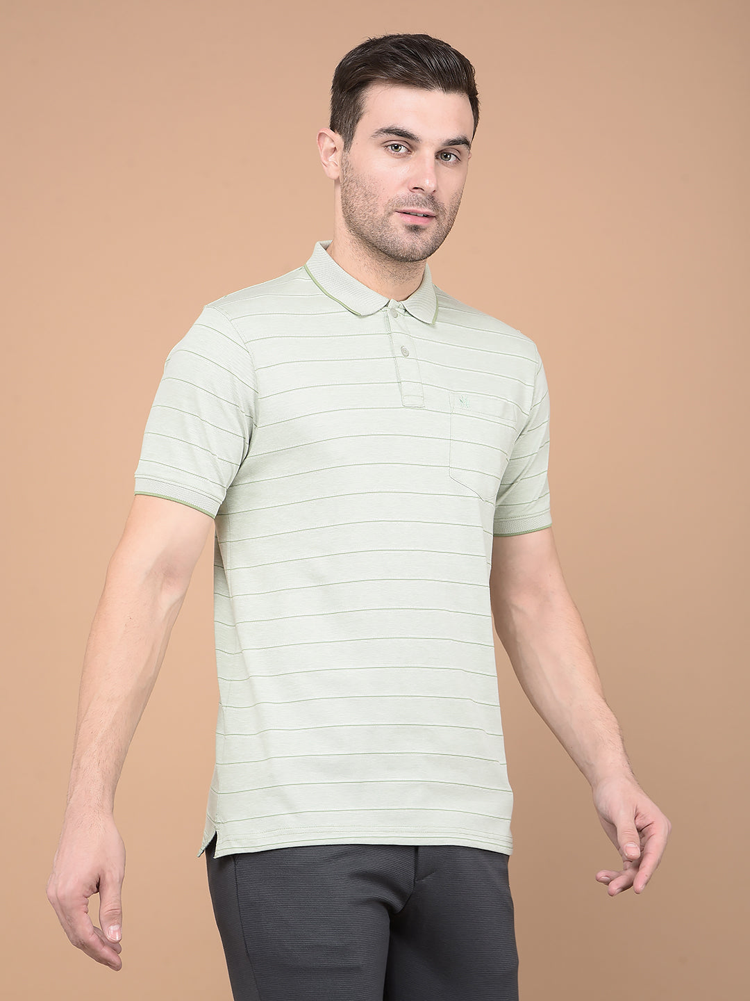 Green Horizontal Striped Polo Neck T-Shirt-Men T-Shirts-Crimsoune Club