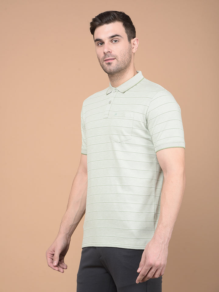 Green Horizontal Striped Polo Neck T-Shirt-Men T-Shirts-Crimsoune Club