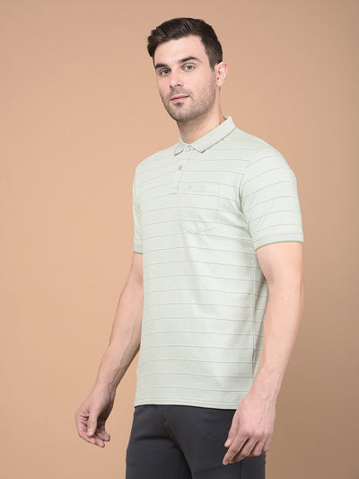 Green Horizontal Striped Polo Neck T-Shirt-Men T-Shirts-Crimsoune Club