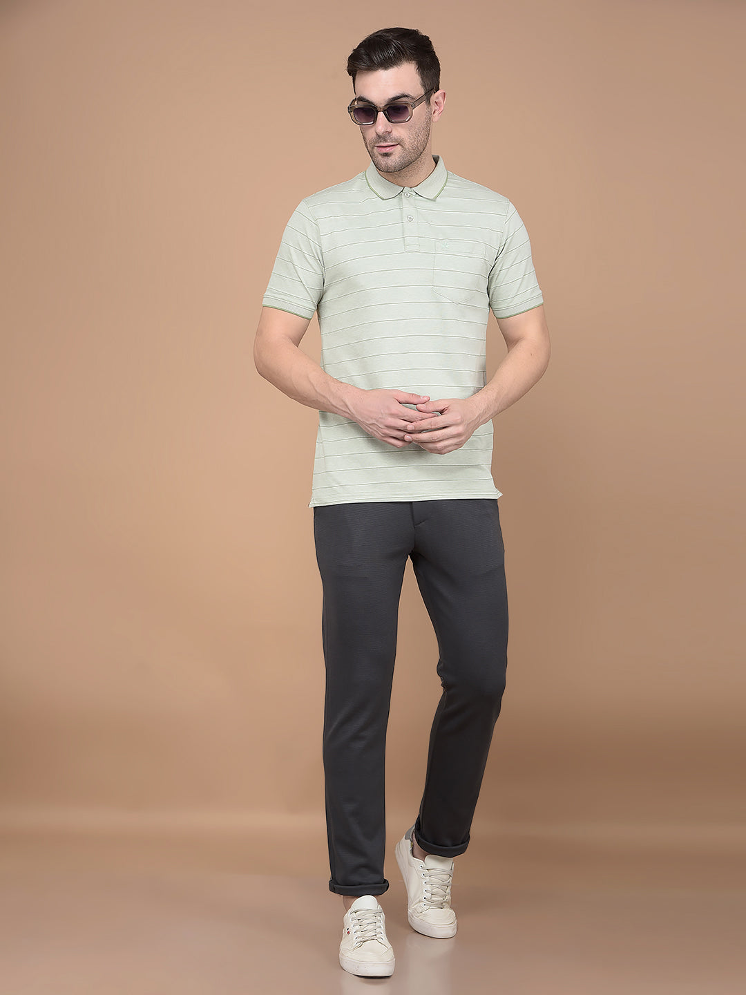 Green Horizontal Striped Polo Neck T-Shirt-Men T-Shirts-Crimsoune Club