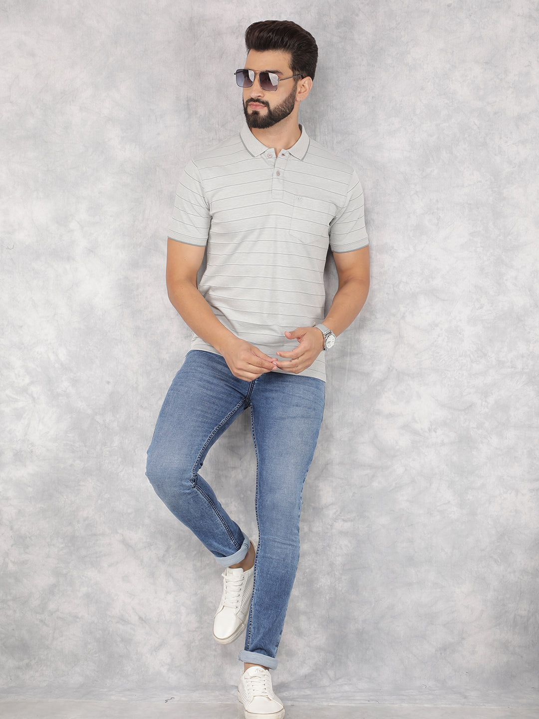Grey Horizontal Striped Polo Neck T-Shirt-Men T-Shirts-Crimsoune Club