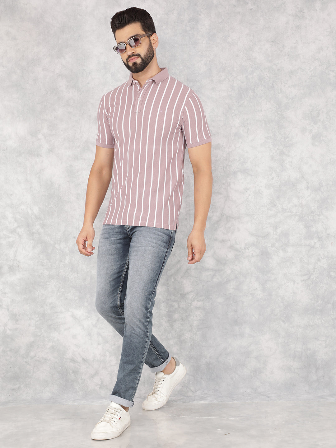 Purple Vertical Striped Polo Neck T-Shirt-Men T-Shirts-Crimsoune Club