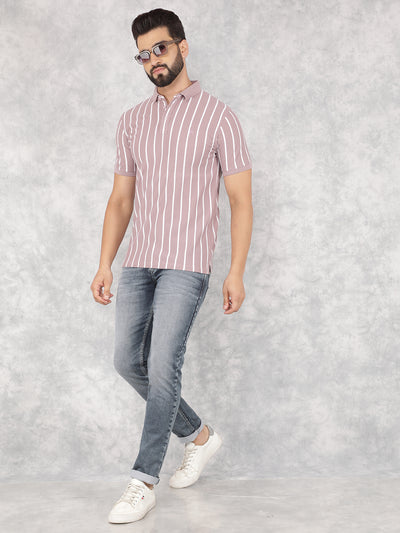 Purple Vertical Striped Polo Neck T-Shirt-Men T-Shirts-Crimsoune Club