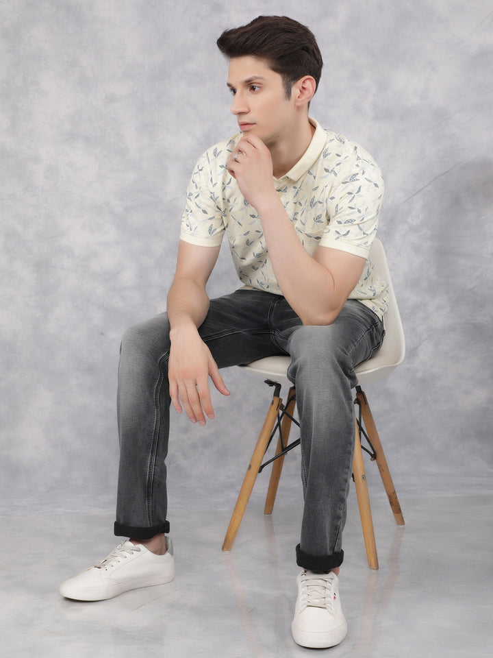 Cream Floral Print Polo T-Shirt-Men T-Shirts-Crimsoune Club