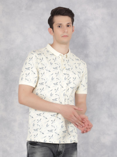 Cream Floral Print Polo T-Shirt-Men T-Shirts-Crimsoune Club