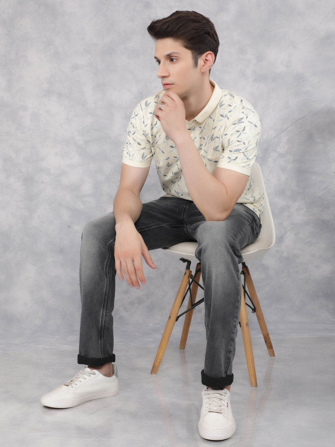 Cream Floral Print Polo T-Shirt-Men T-Shirts-Crimsoune Club