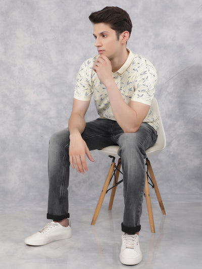 Cream Floral Print Polo T-Shirt-Men T-Shirts-Crimsoune Club