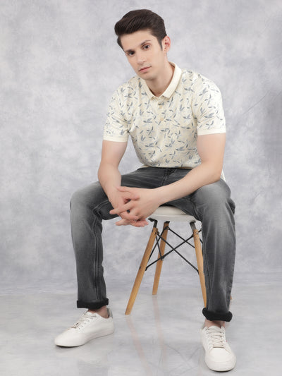 Cream Floral Print Polo T-Shirt-Men T-Shirts-Crimsoune Club