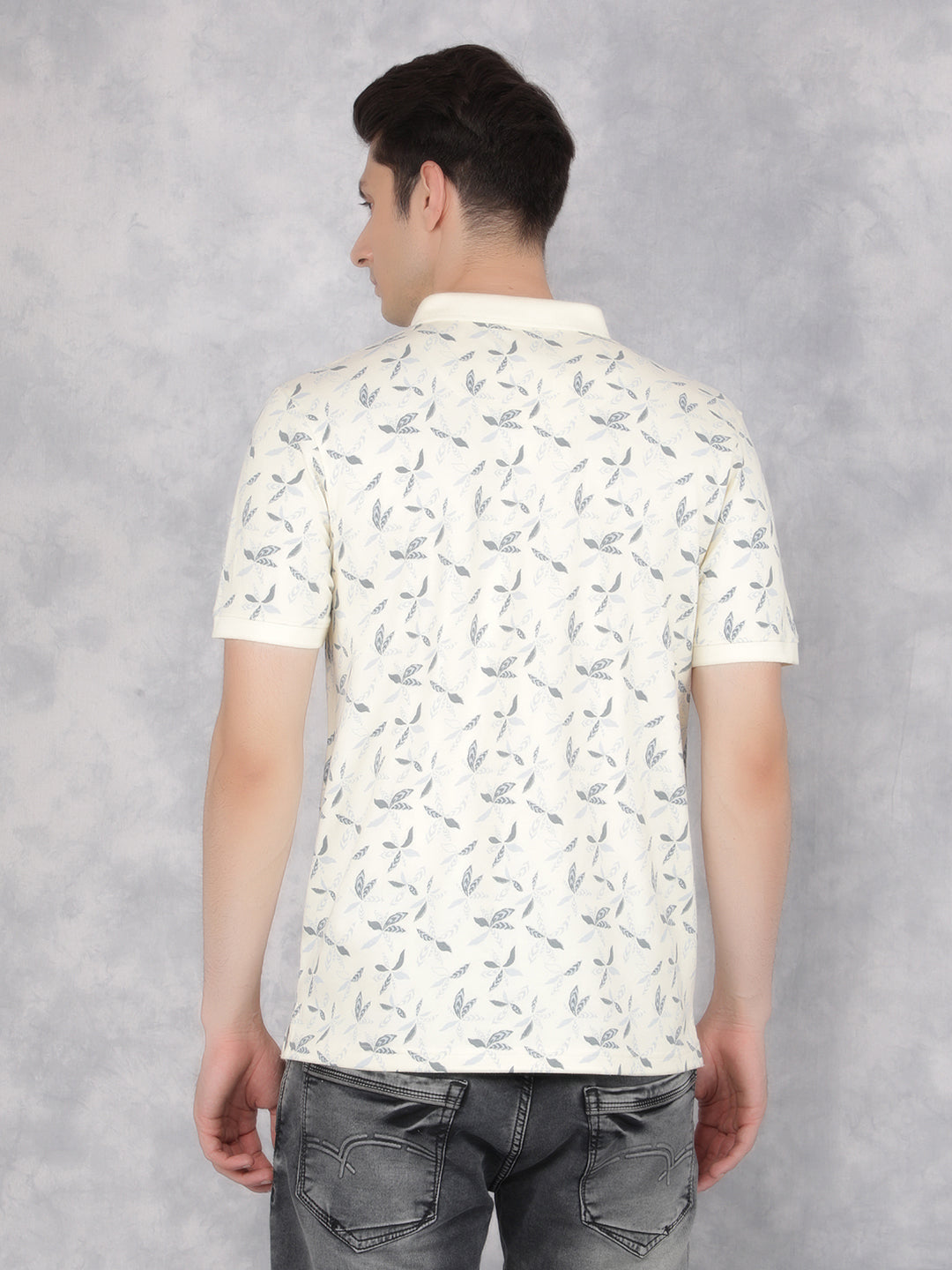Cream Floral Print Polo T-Shirt-Men T-Shirts-Crimsoune Club