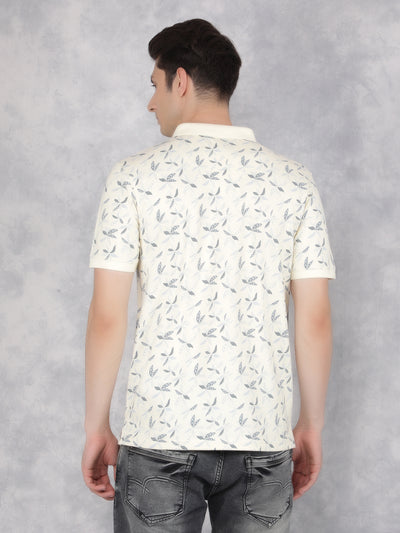 Cream Floral Print Polo T-Shirt-Men T-Shirts-Crimsoune Club