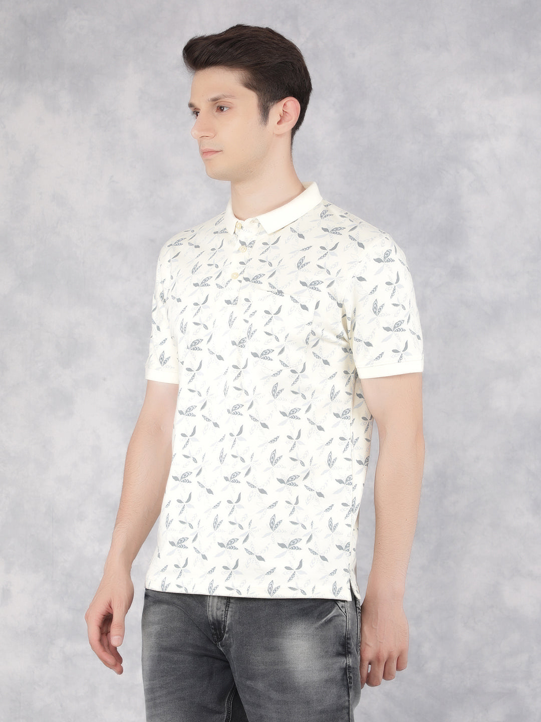 Cream Floral Print Polo T-Shirt-Men T-Shirts-Crimsoune Club
