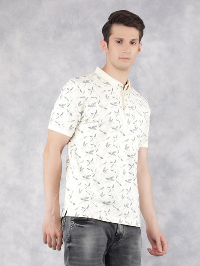 Cream Floral Print Polo T-Shirt-Men T-Shirts-Crimsoune Club