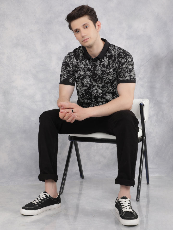 Black Floral Print Polo T-Shirt-Men T-Shirts-Crimsoune Club