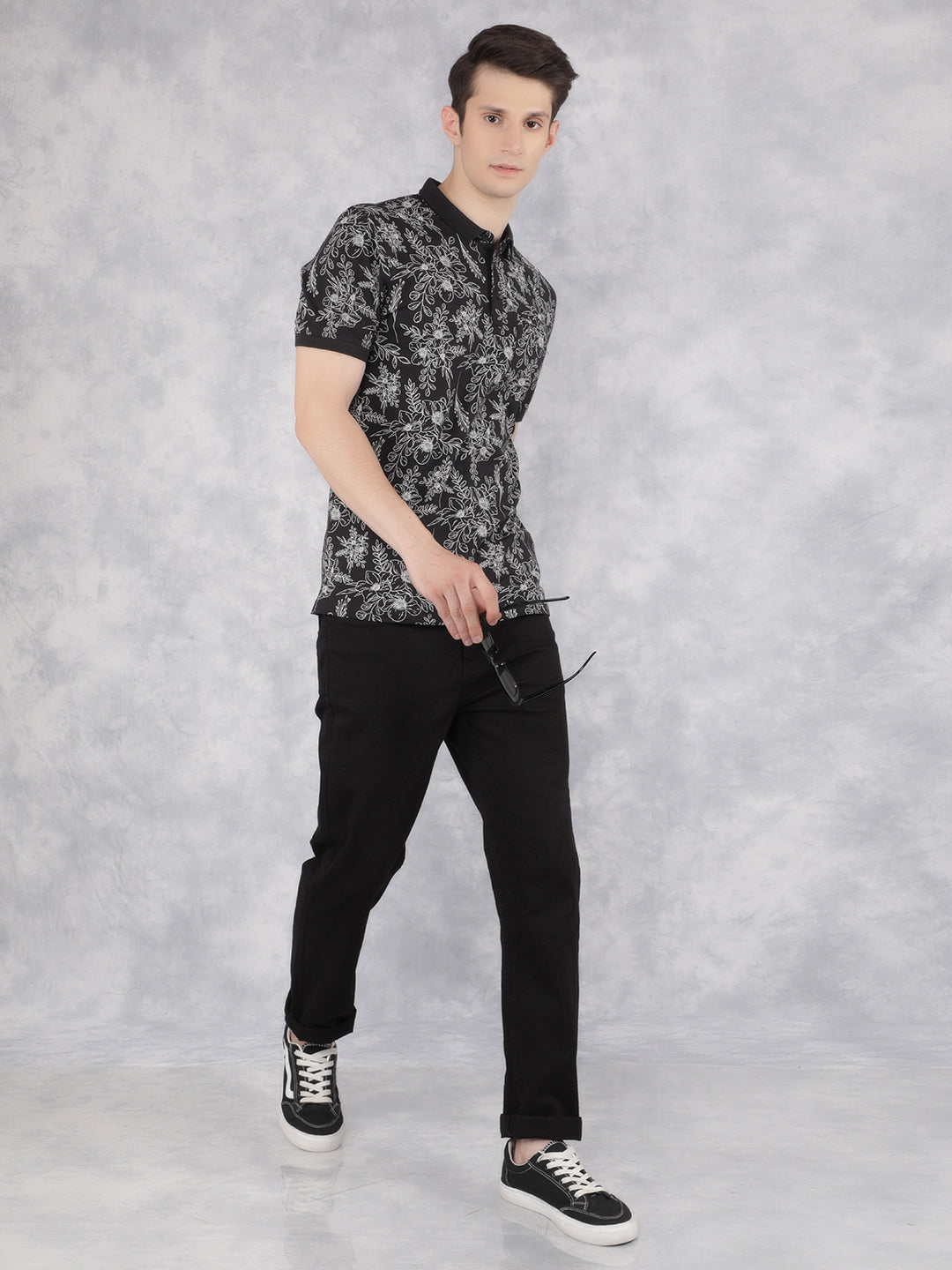 Black Floral Print Polo T-Shirt-Men T-Shirts-Crimsoune Club