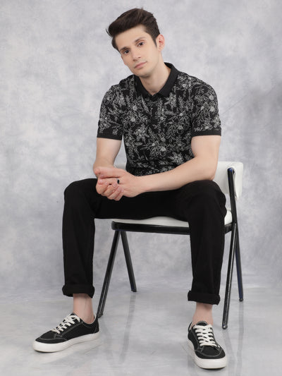 Black Floral Print Polo T-Shirt-Men T-Shirts-Crimsoune Club