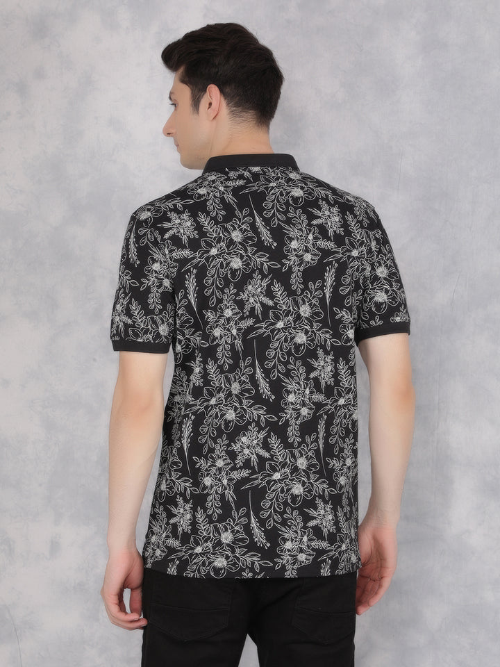 Black Floral Print Polo T-Shirt-Men T-Shirts-Crimsoune Club