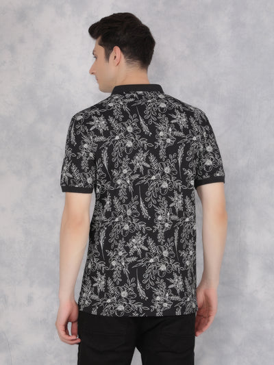 Black Floral Print Polo T-Shirt-Men T-Shirts-Crimsoune Club
