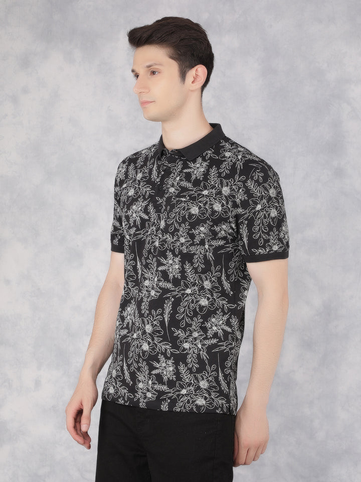 Black Floral Print Polo T-Shirt-Men T-Shirts-Crimsoune Club