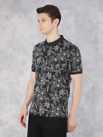 Black Floral Print Polo T-Shirt-Men T-Shirts-Crimsoune Club