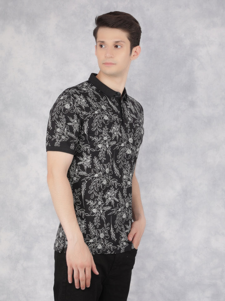 Black Floral Print Polo T-Shirt-Men T-Shirts-Crimsoune Club