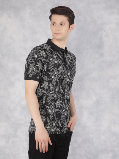 Black Floral Print Polo T-Shirt-Men T-Shirts-Crimsoune Club