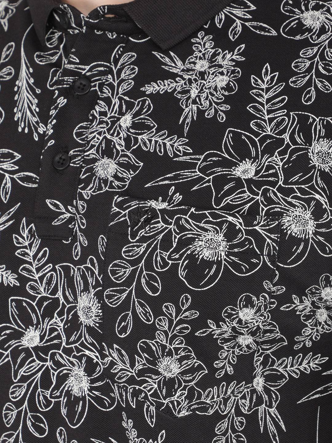 Black Floral Print Polo T-Shirt-Men T-Shirts-Crimsoune Club