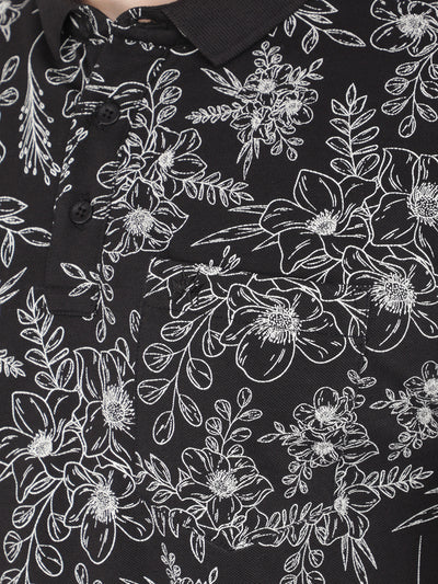 Black Floral Print Polo T-Shirt-Men T-Shirts-Crimsoune Club