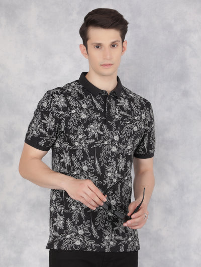 Black Floral Print Polo T-Shirt-Men T-Shirts-Crimsoune Club
