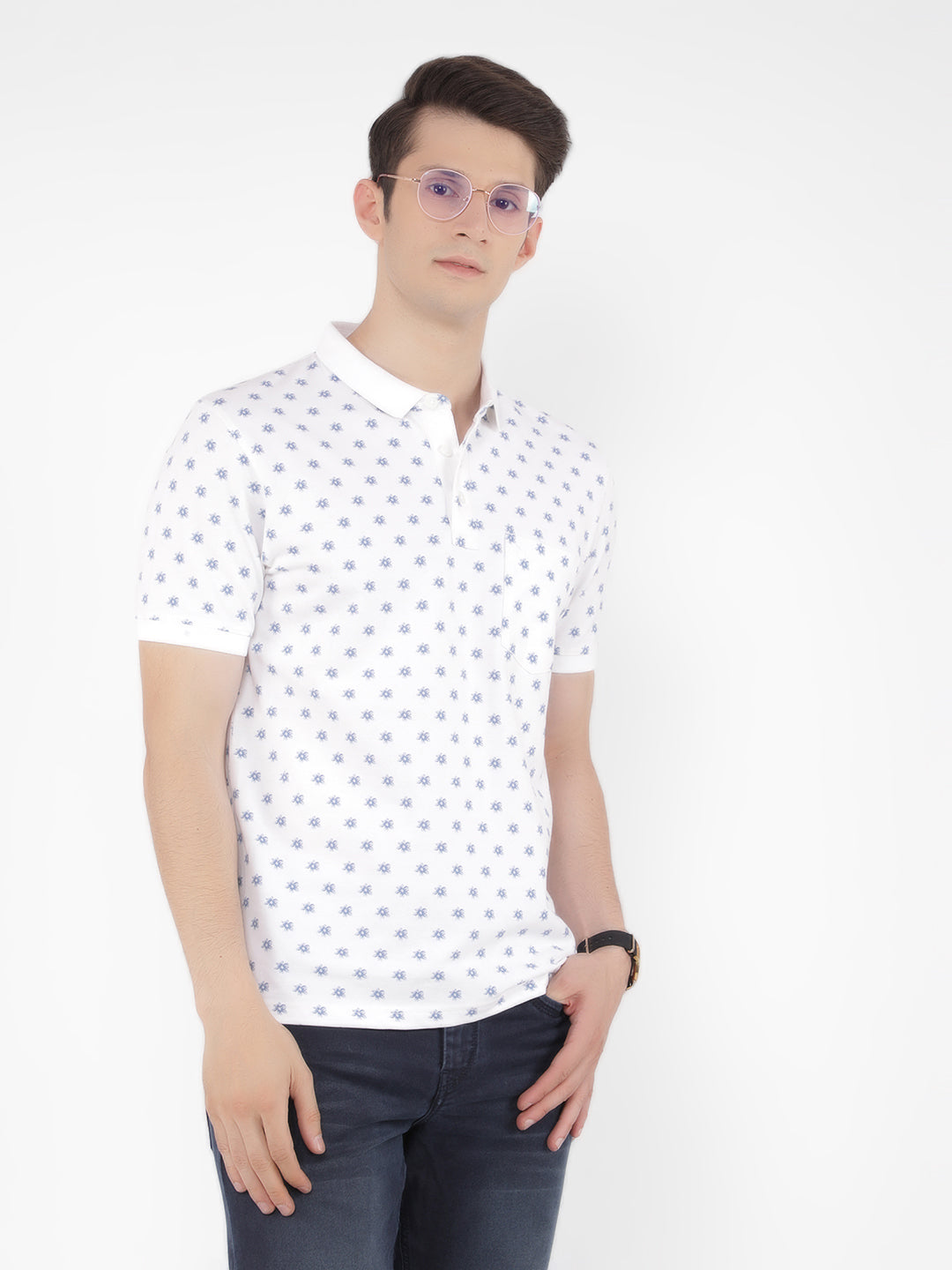White Floral Print Polo T-Shirt-Men T-Shirts-Crimsoune Club