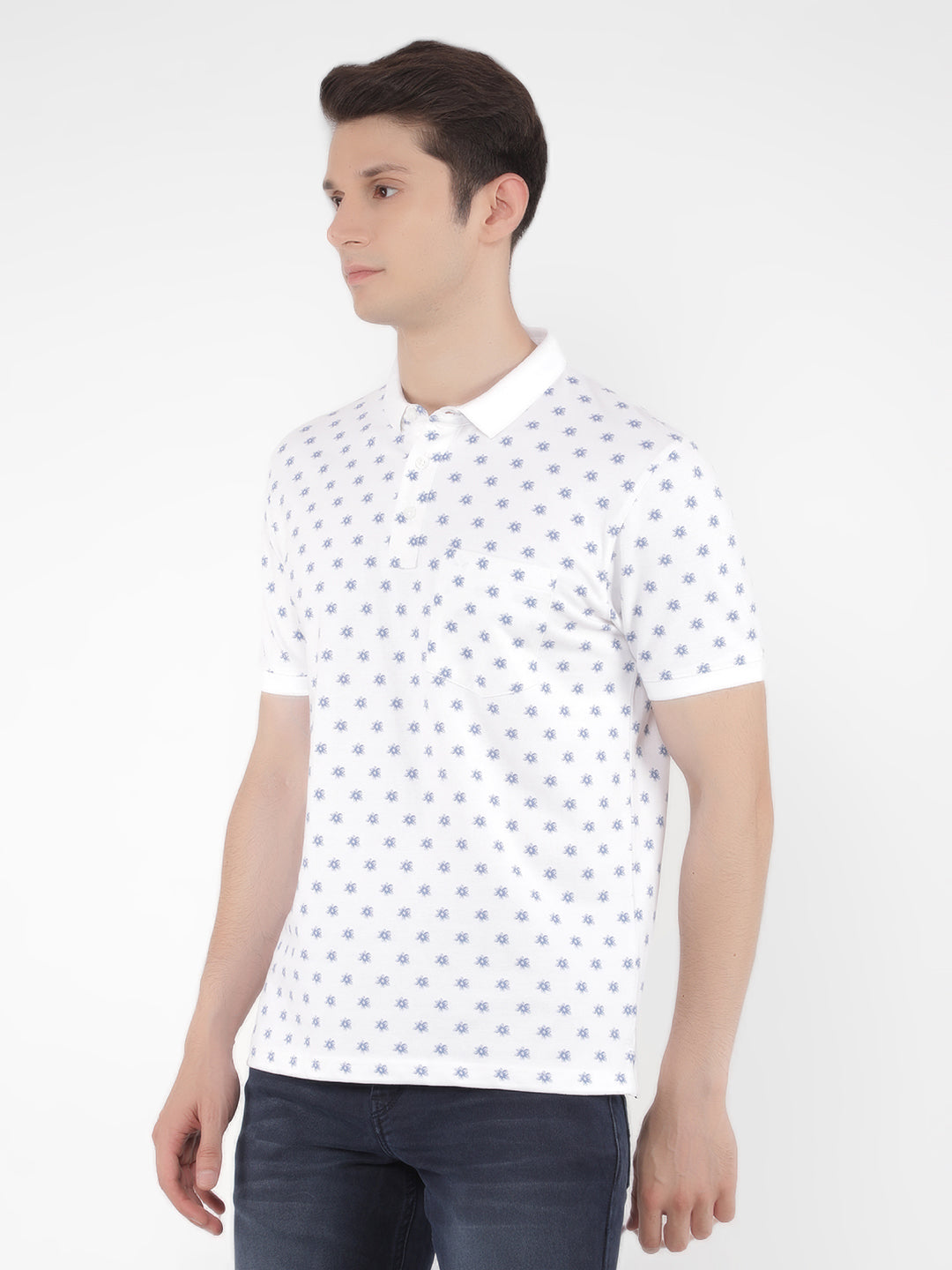 White Floral Print Polo T-Shirt-Men T-Shirts-Crimsoune Club