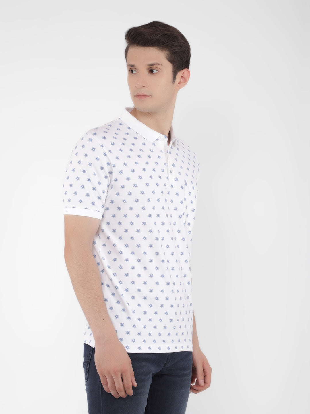 White Floral Print Polo T-Shirt-Men T-Shirts-Crimsoune Club