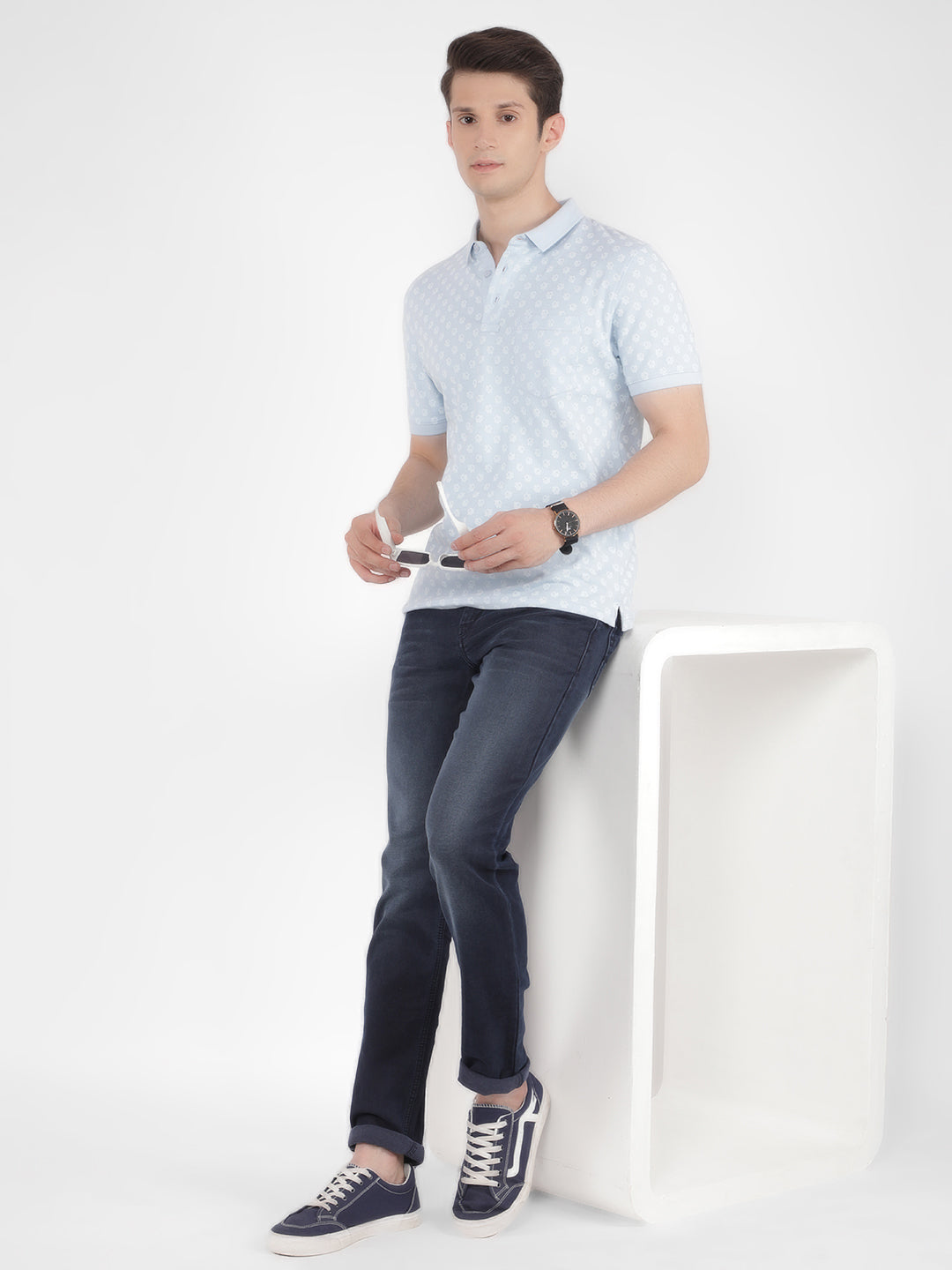Blue Printed Polo T-Shirt-Men T-Shirts-Crimsoune Club