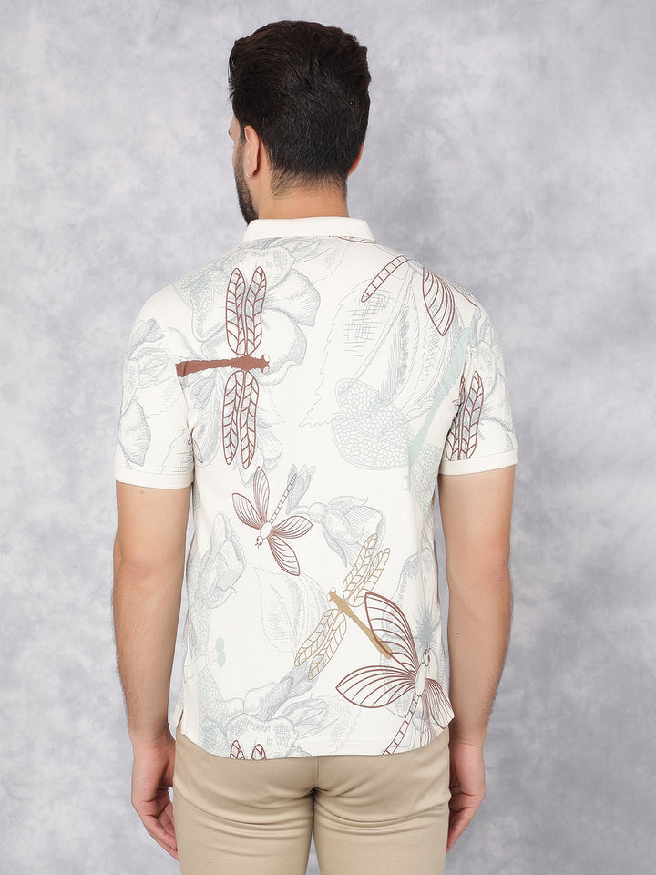 Beige Floral Print Polo Neck T-Shirt-Men T-Shirts-Crimsoune Club