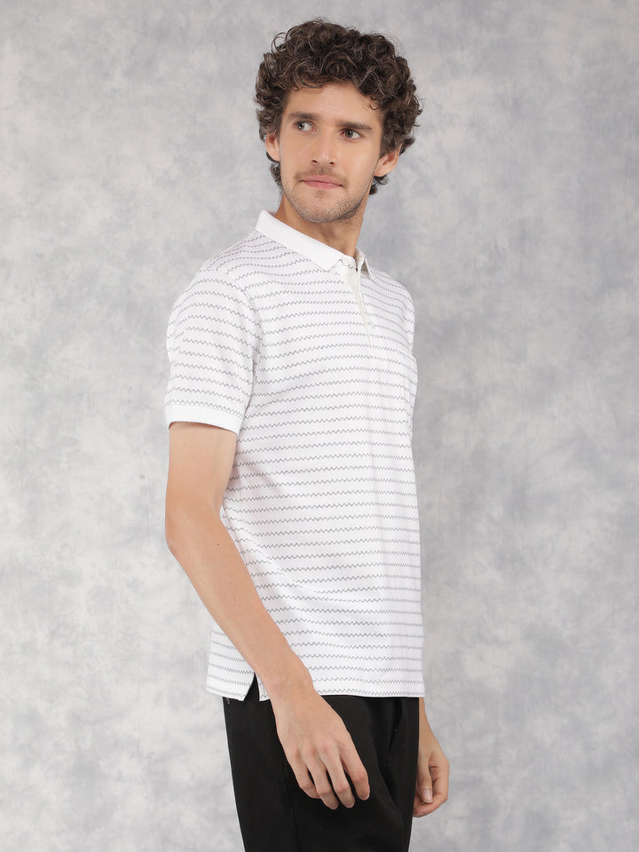 White Printed Polo Neck T-Shirt-Men T-Shirts-Crimsoune Club