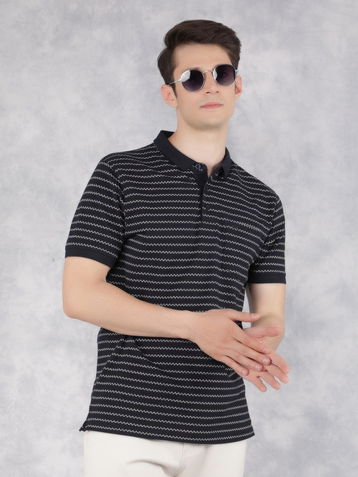 Navy Blue Horizontal Striped Polo T-Shirt-Men T-Shirts-Crimsoune Club