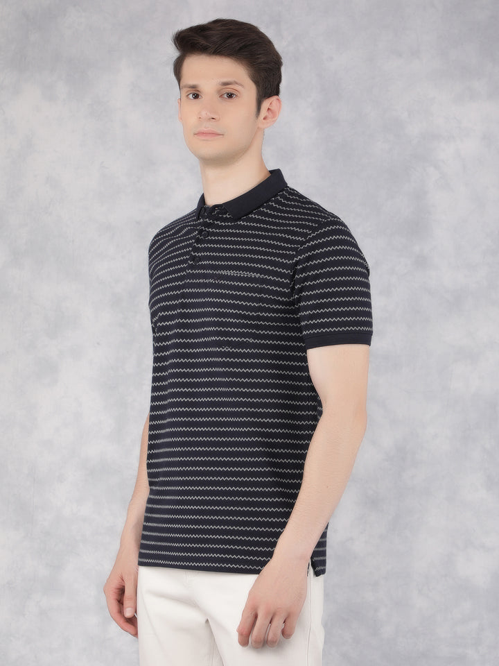 Navy Blue Horizontal Striped Polo T-Shirt-Men T-Shirts-Crimsoune Club